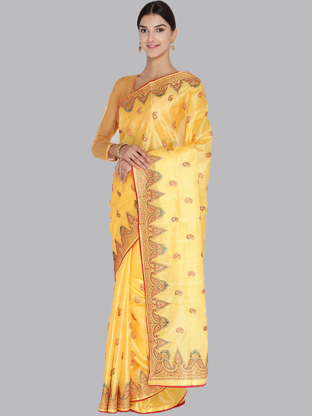 Lemon yellow Tussar Silk Saree with Resham Embroidery