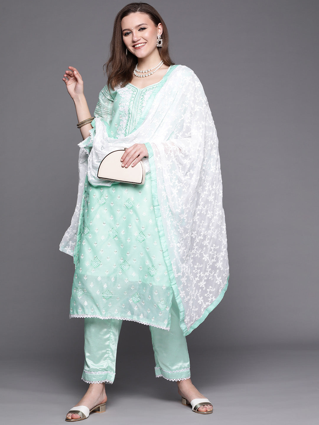 Chhabra 555 Chanderi Chikankari Sharara Suit with Resham Schiffli Embroidery & Chiffon Dupatta
