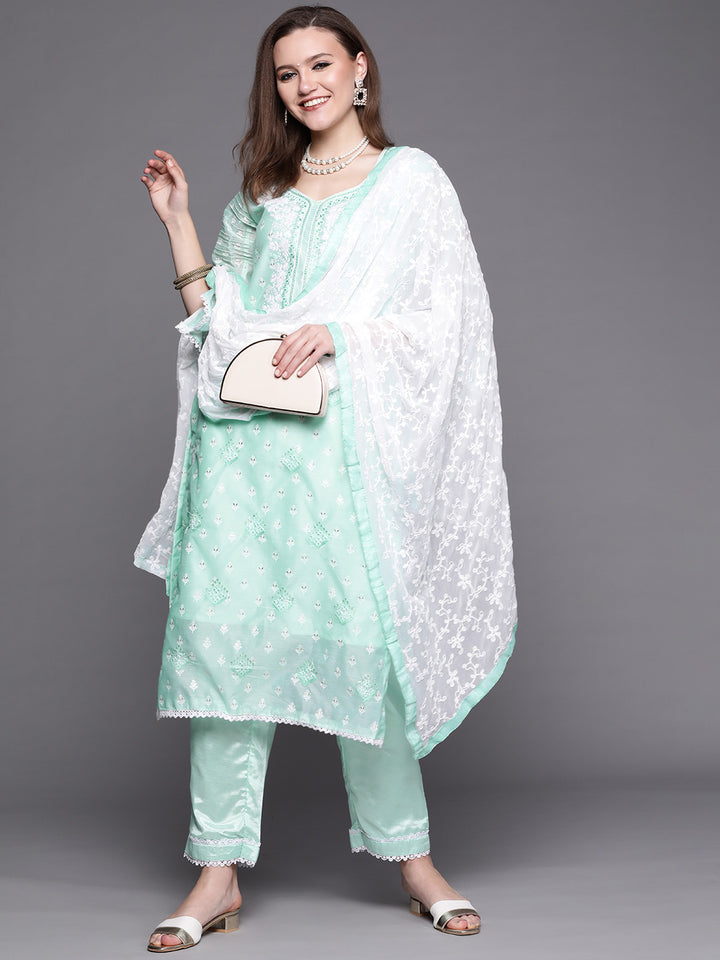 Chhabra 555 Chanderi Chikankari Sharara Suit with Resham Schiffli Embroidery & Chiffon Dupatta