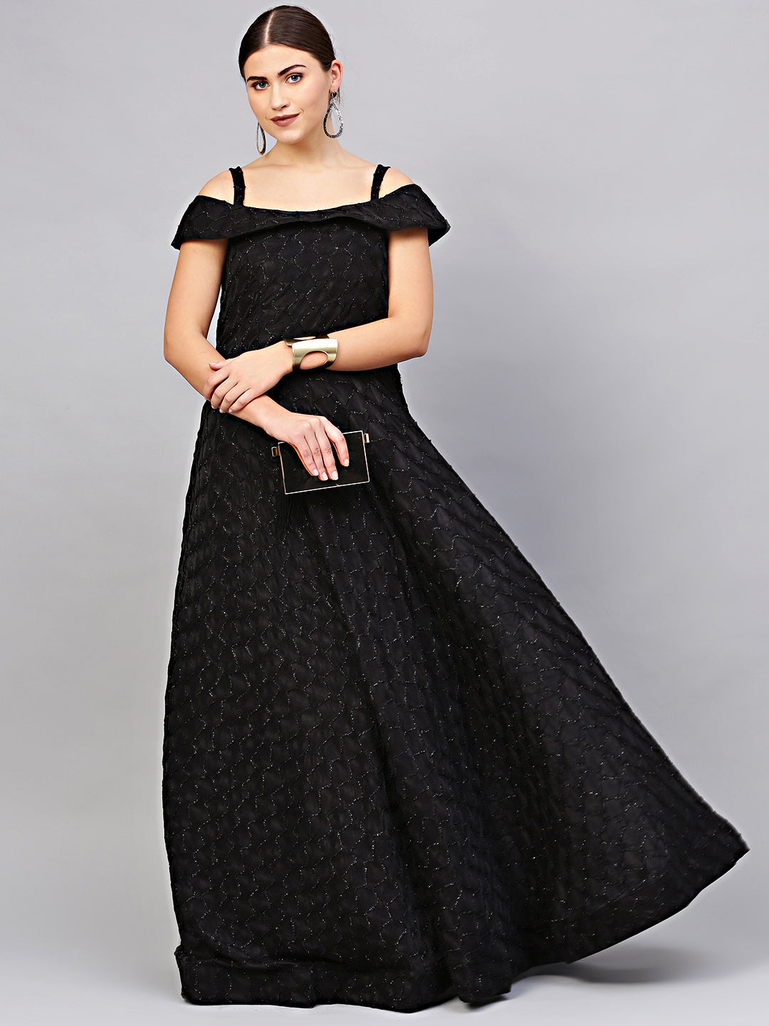 Black Off=shoulder Cocktail Gown with Dupatta