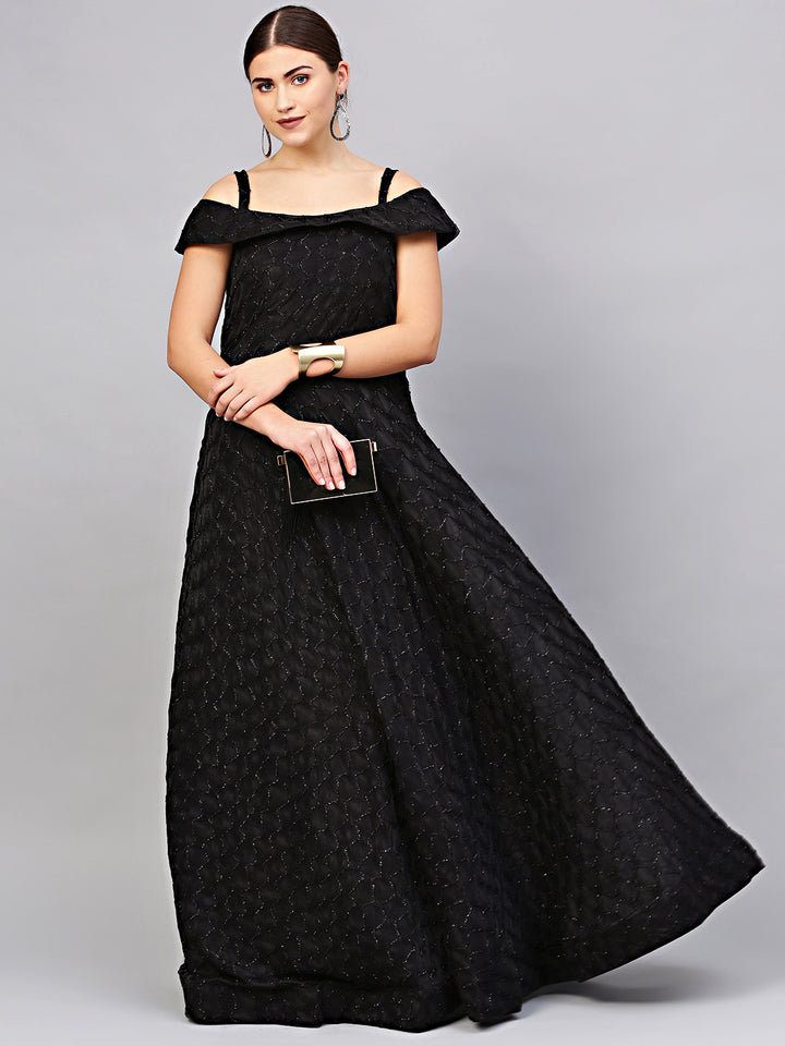 Black Off=shoulder Cocktail Gown with Dupatta