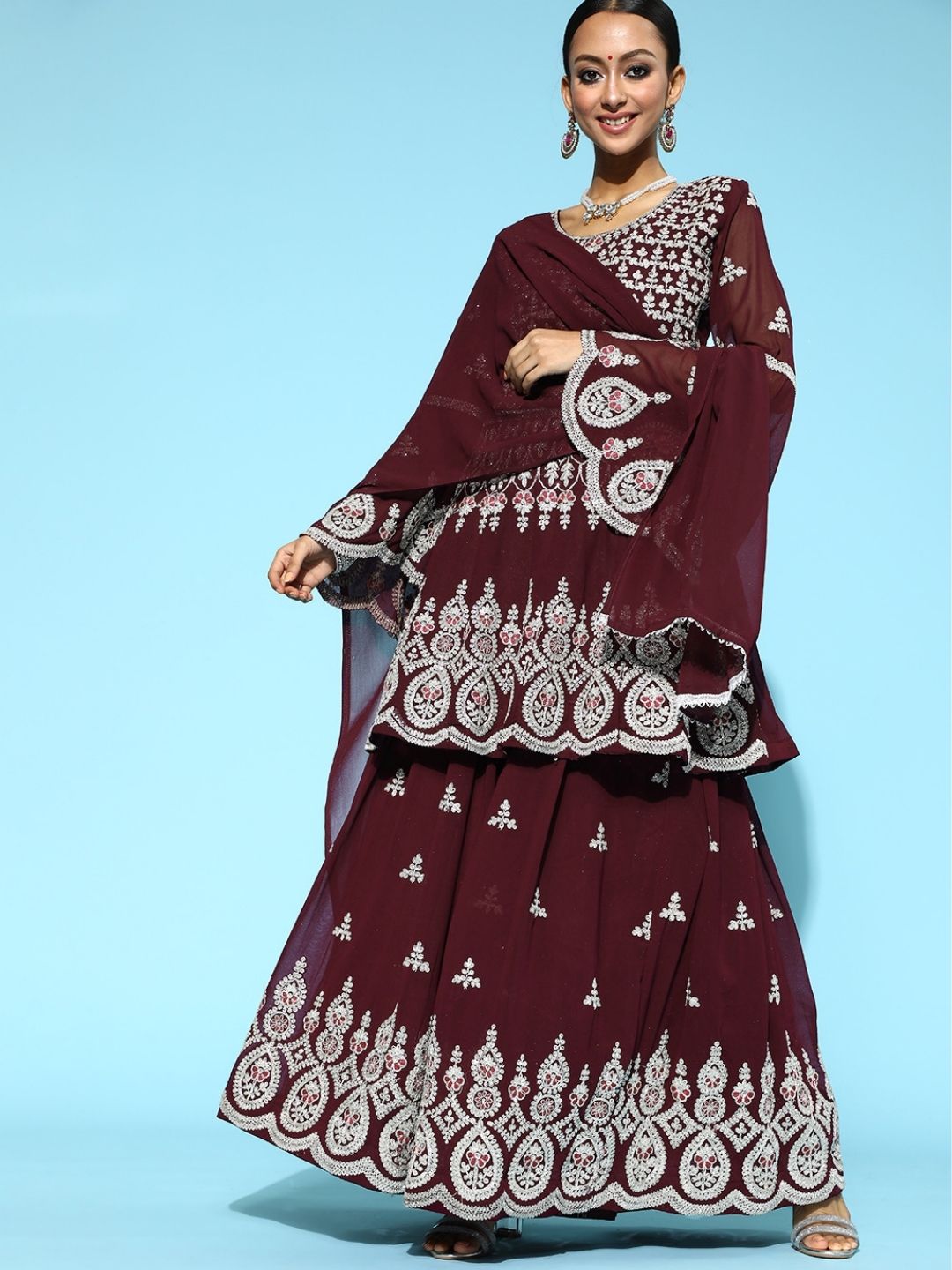 Chhabra 555 Georgette Ari Embroidery Lehanga Set With Peplum Style Kurta and scalloped hemline