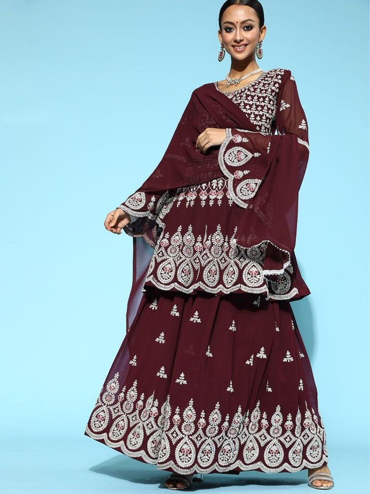 Chhabra 555 Georgette Ari Embroidery Lehanga Set With Peplum Style Kurta and scalloped hemline