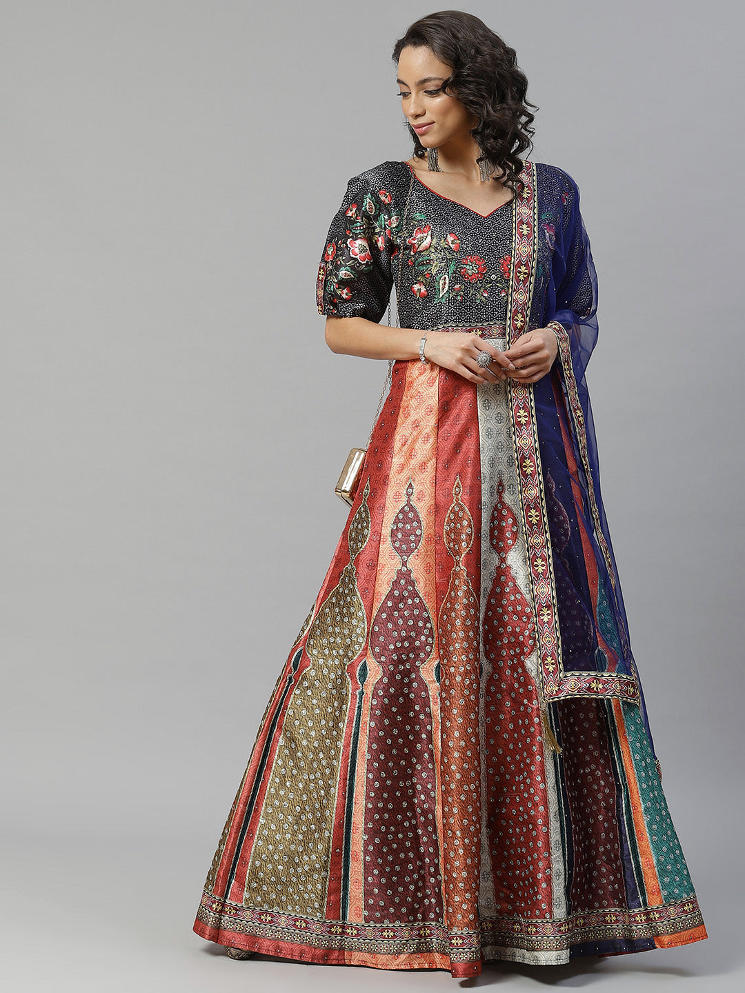 Made to Measure Bohemian Digital Printed Cocktail Embellished Gown with Net Dupatta