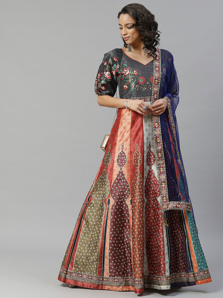 Made to Measure Bohemian Digital Printed Cocktail Embellished Gown with Net Dupatta