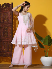 Chhabra 555 Pastel Resham Embroidered Peplum KaLidar Kurta Set with Pearl Bead Embellished Neckline 