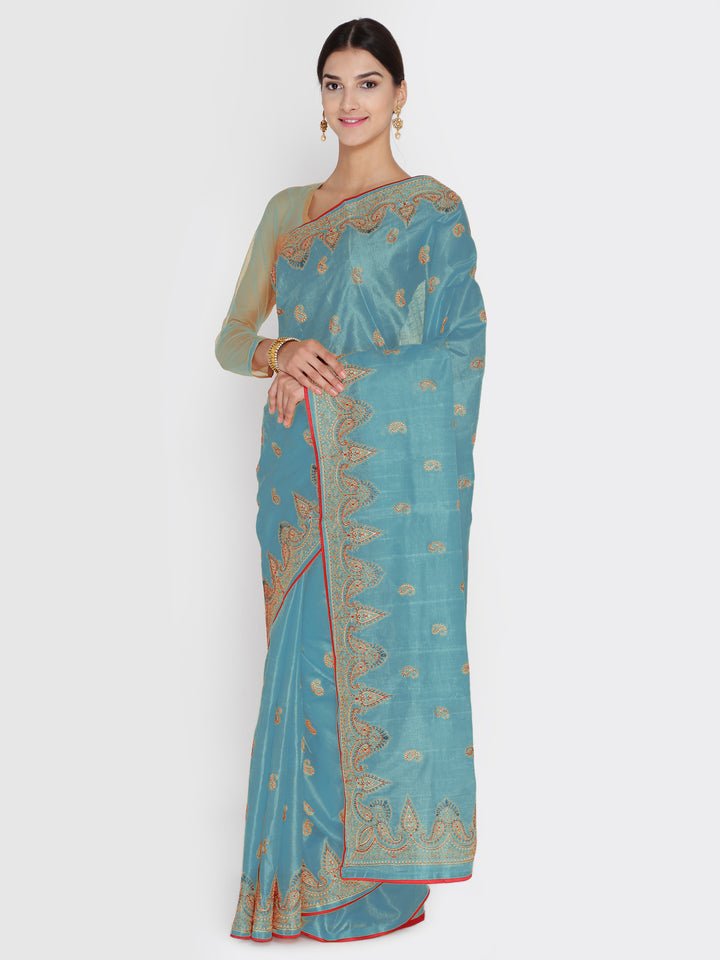 Peacock Blue Tussar Silk Embroidered Party Wear Saree