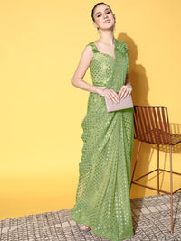 Green Draped Lycra Saree With Beautiful Silver & Applique Work