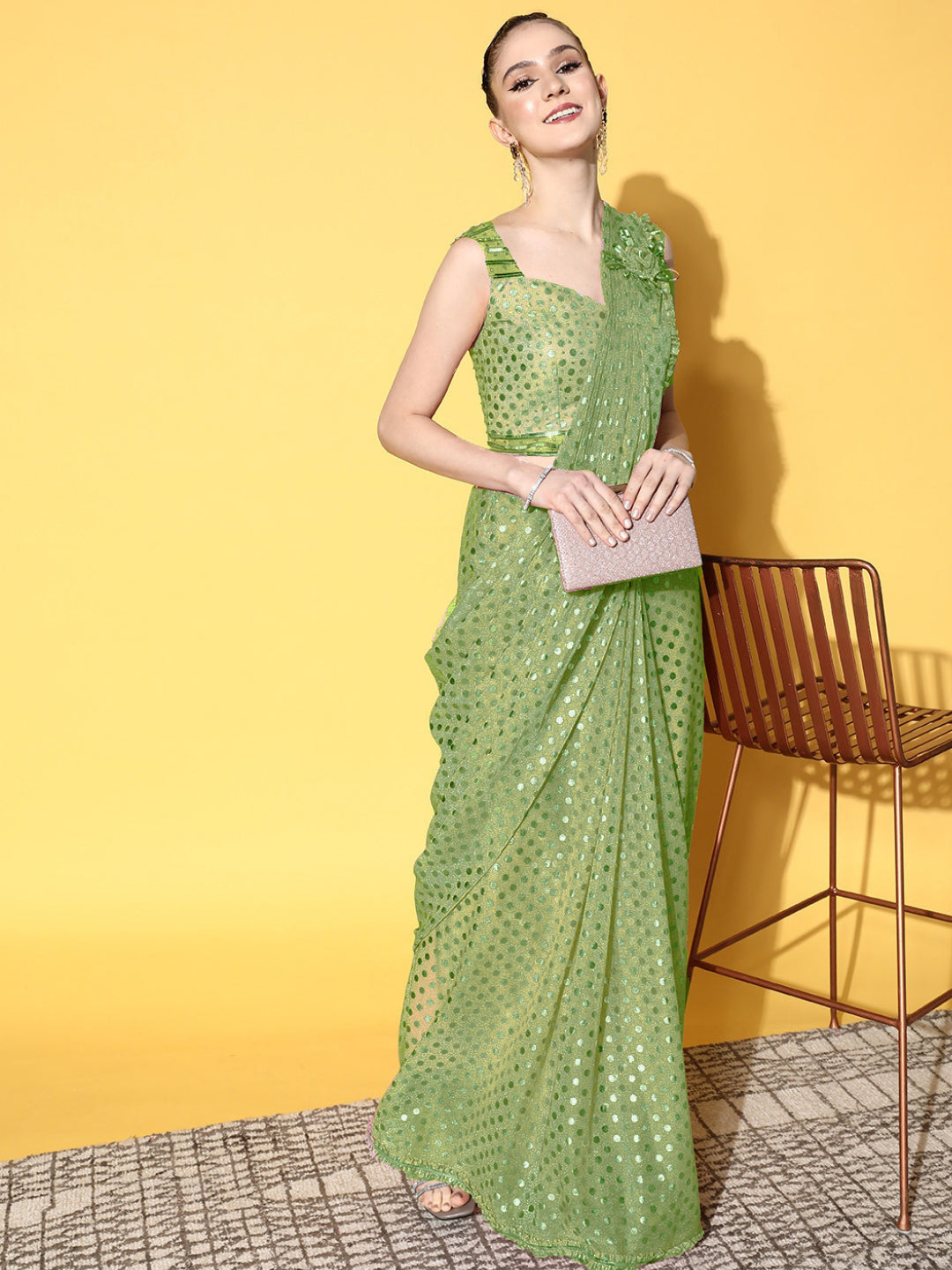Chhabra 555 Green Pre-stitched Draped Saree with Beautiful Silver Embellishments & Applique Work 
