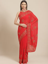 Red Georgette Heavy Resham Embroidery Saree With Gold Intricate Paisley Motifs & Swarovski Crystals