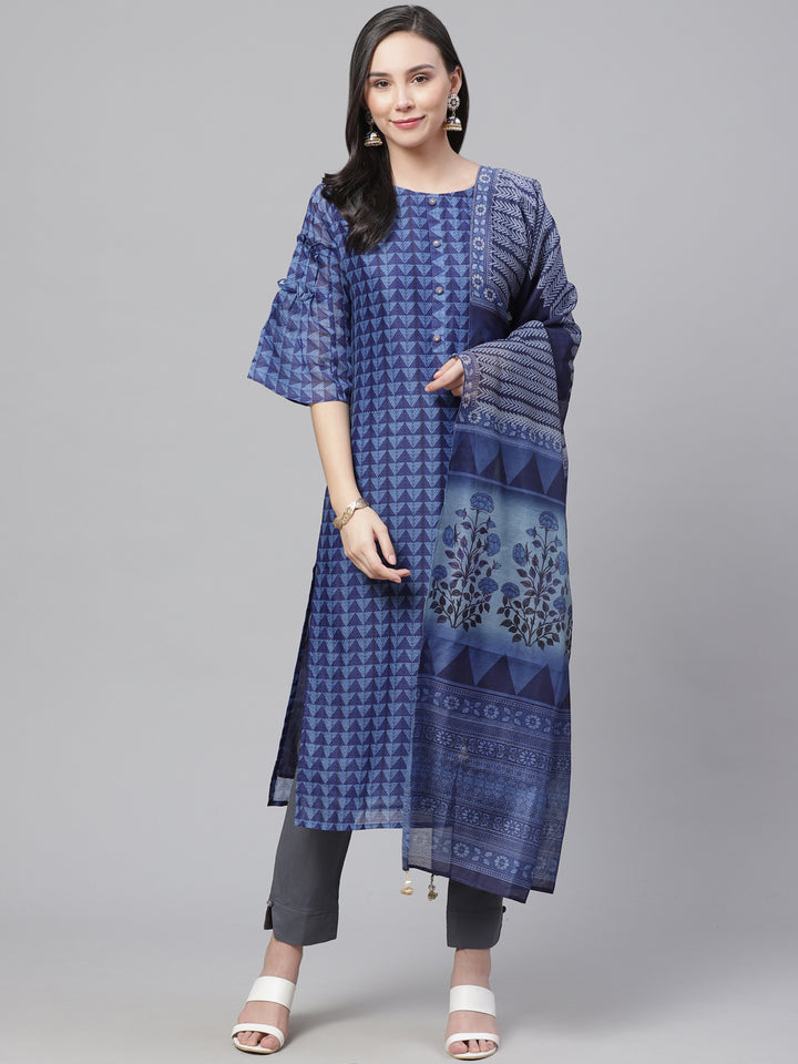 Chanderi Silk Dress Material with Digital Indigo & Indie Print with Maheshwari Dupatta