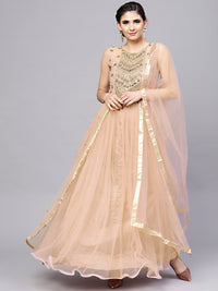 Made-to-measure Gold Layered Gown with Crystal Zari Embroidery and Dupatta