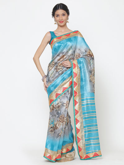 Chhabra 555 Turquoise and Grey Floral Print Art Silk Saree
