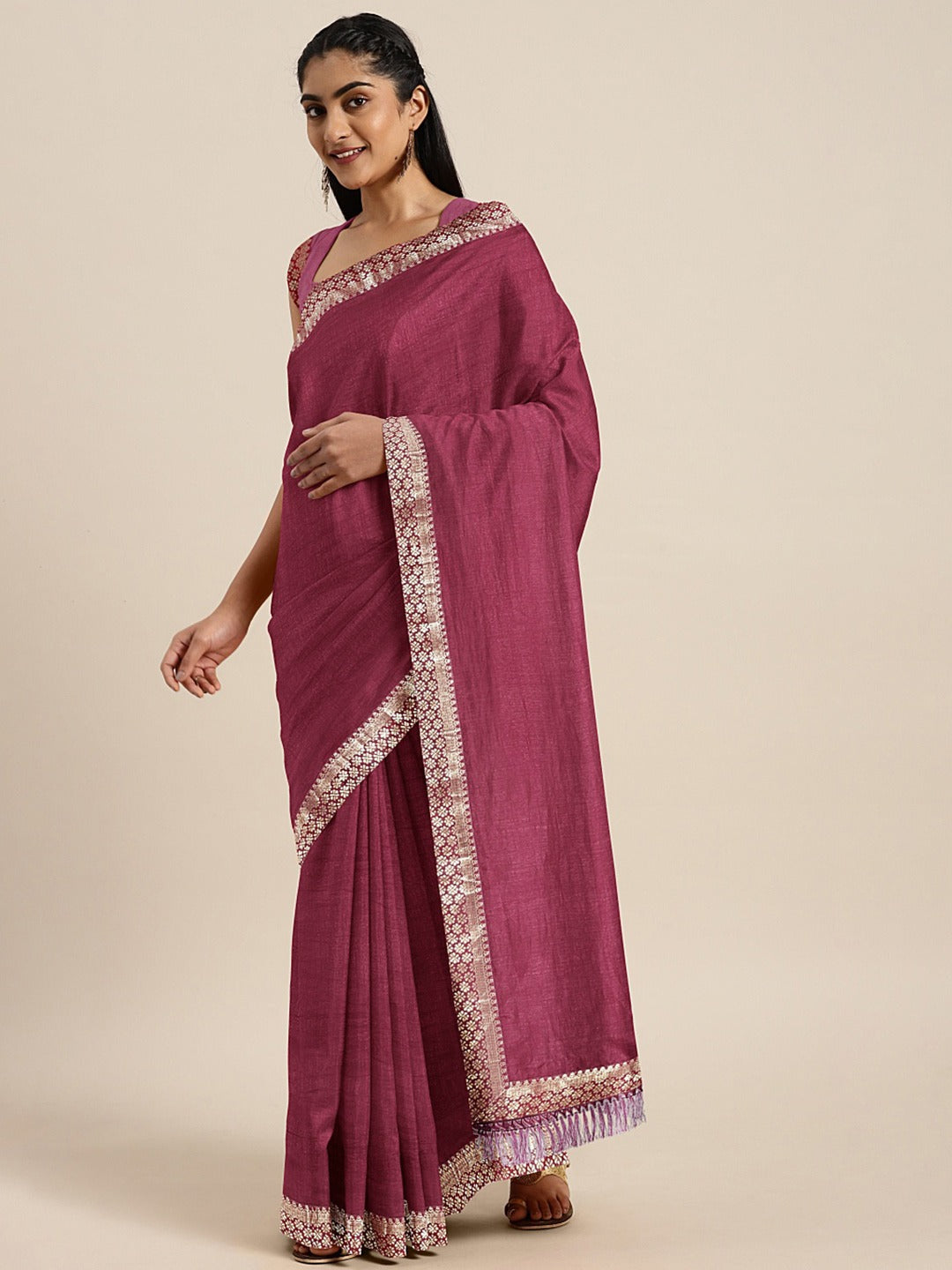 Chhabra 555 Burgundy Traditional Art Silk Saree With Zari Handloom Border & Tassels 