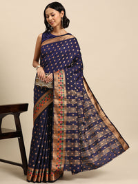 Chhabra 555 Navy Blue Resham & Zari Woven Bordered Traditional Silk Saree with Ethnic Motifs 