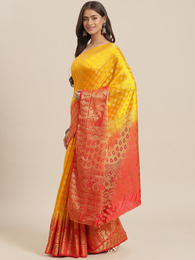 Chhabra 555 Yellow to Red Ombre Banarasi Georgette Traditional Saree With Contrast Blouse