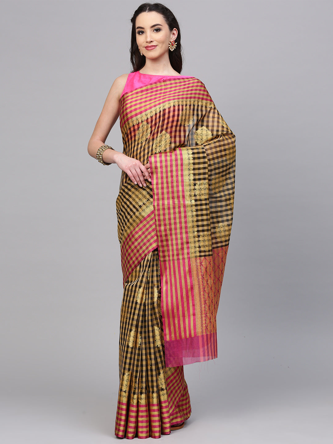 Chhabra 555 Black and Beige Chanderi Silk Woven Printed,Handloom, Zari, Hand Woven with Patola Saree