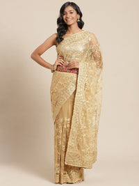 Gold Net Resham Embroidered Saree With Scalloped Cut work Border & Embroidered belt