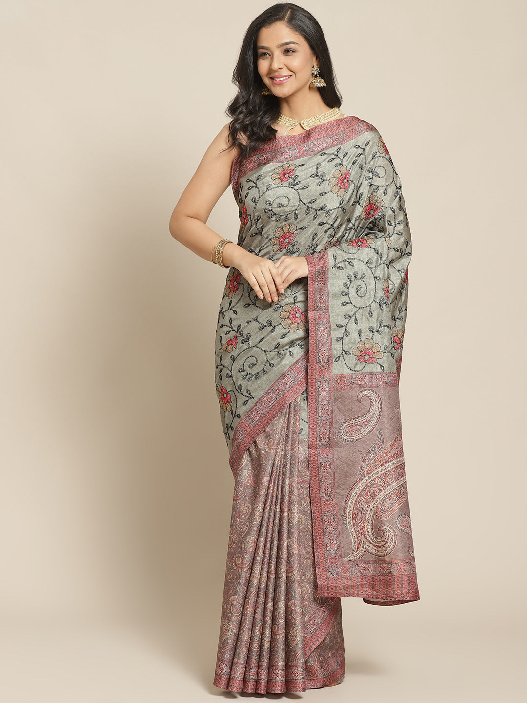 Kantha Resham embroidered Half-and-Half Saree with Traditional kalamkari Print in pleats