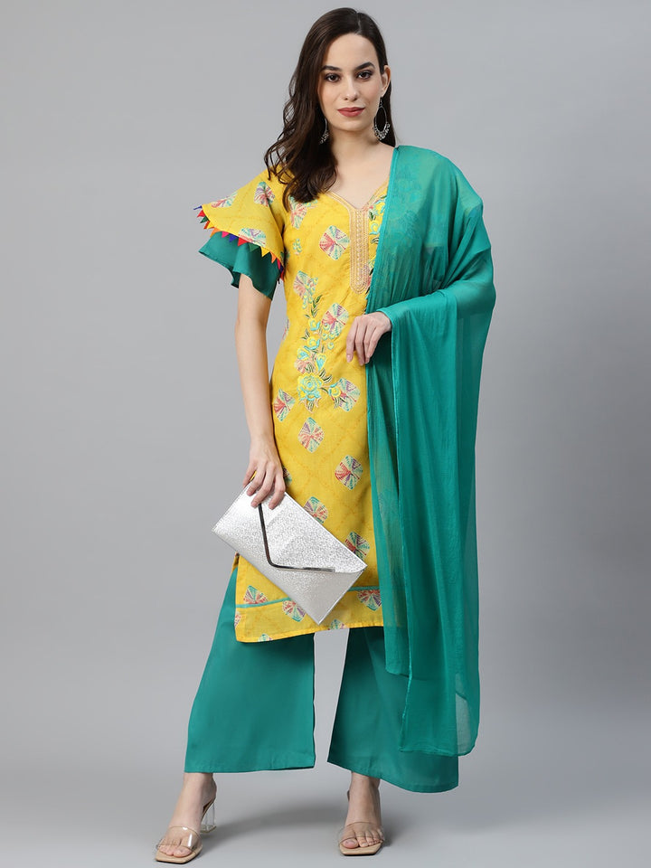 Yellow Cotton Stitched Resham Embroidery Suit with Batik Print & Styled Sleeves