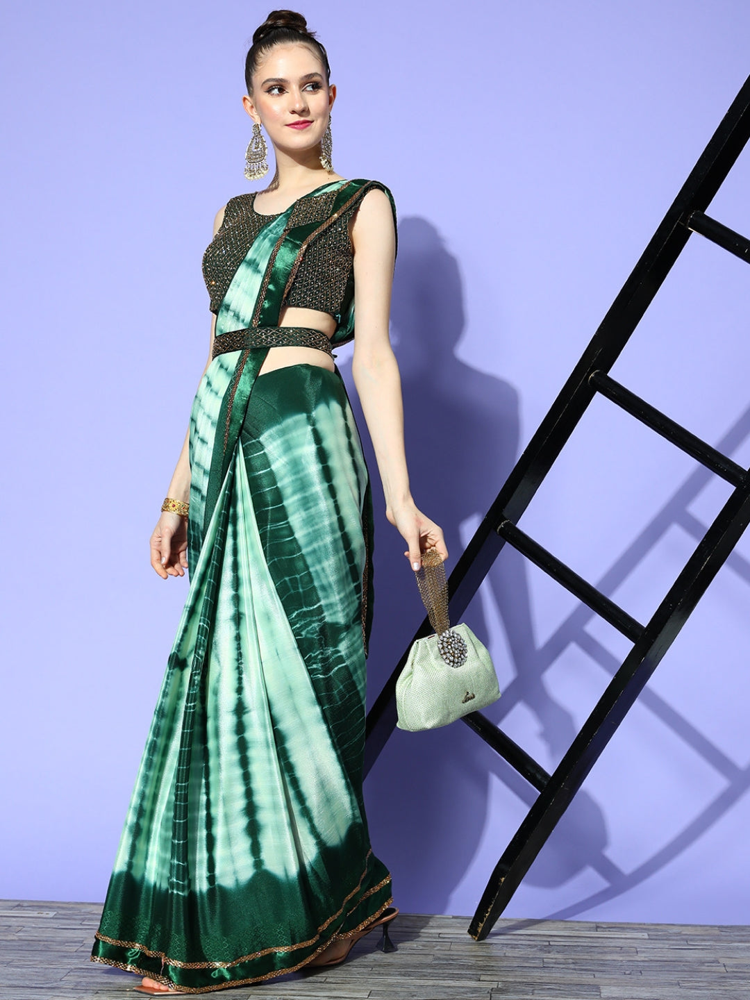 Chhabra 555 Tie & Die Draped Belted Chiffon Saree With Heavy Embellished Blouse & Crystals Border 
