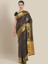 Black & Gold Banarasi Silk  Saree With Golden Zari Weaving and Ethnic Woven Border.