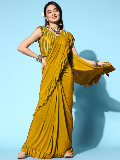 Chhabra 555 Pre-Draped Yellow Net Striped Applique Embroidered Embellished Ruffled Saree 