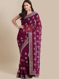 Burgundy Embroidered Georgette Party Wear Saree With Ethnic Ambi Motifs