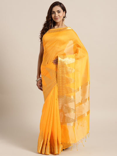 Chhabra 555 Yellow Banarasi Handloom Silk Saree with Gold Temple pattern and Paisley border
