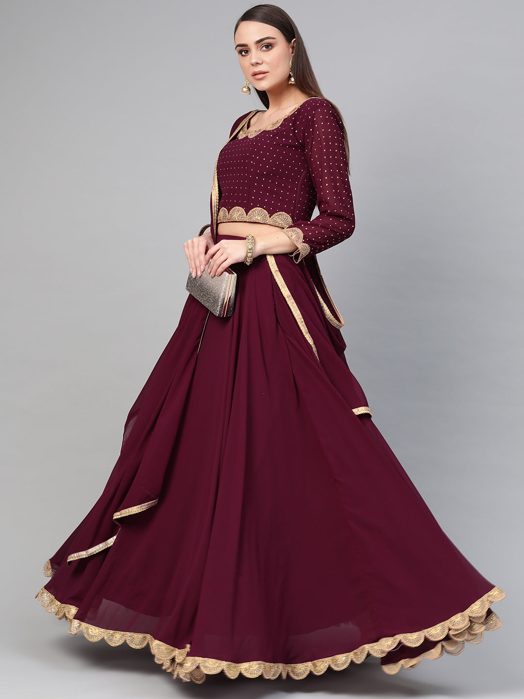 Chhabra 555 Made-to-Measure Crop Top Lehenga Set with Foil Print and Scalloped Pearl embellished Cut work borders