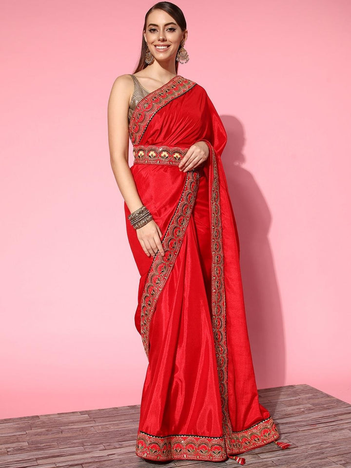 Chhabra 555 Red Bhagalpuri Silk Belted Saree With Sequin Embellished Border & Stylised Tassels