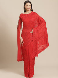 Red Raw Silk Scalloped Cocktail Saree with Resham Embroidery and Bright Crystals