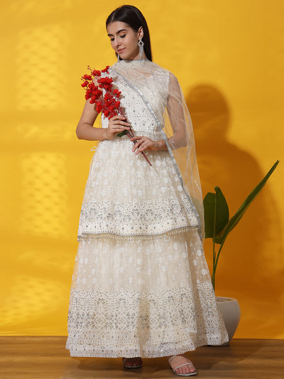 Chhabra 555 White Tassled Peplum Kurta Gharara Set with Chikankari Embroidery & Resham Rubber Print