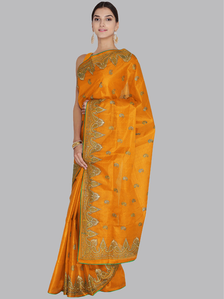 Orange Colored Art Silk  Heavy Embroidered Saree
