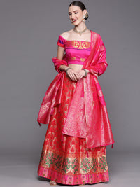 Chhabra 555 Semi-Stitched Red Zari & Resham Handwoven Banarasi Brocade Floral Lehenga Set & Beads 