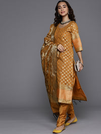 Made to Measure Mustard Banarasi Dhoti Kurta Set With Fabric Buttons, Handloom Dupatta
