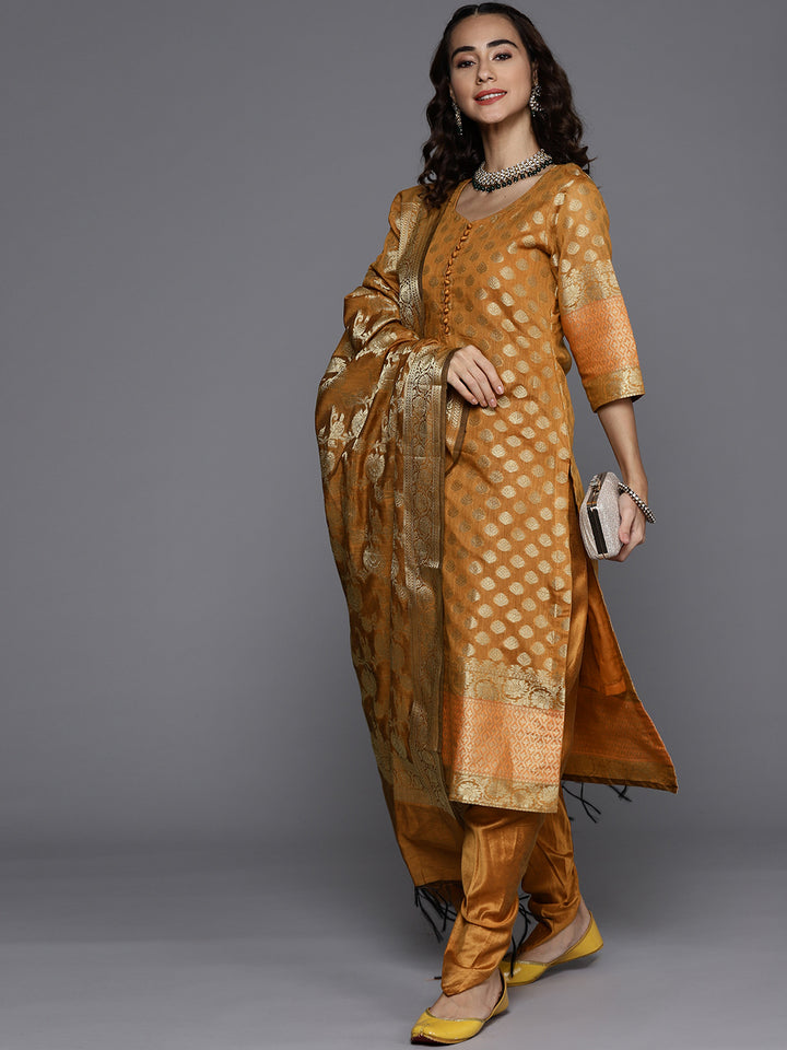 Made to Measure Mustard Banarasi Dhoti Kurta Set With Fabric Buttons, Handloom Dupatta