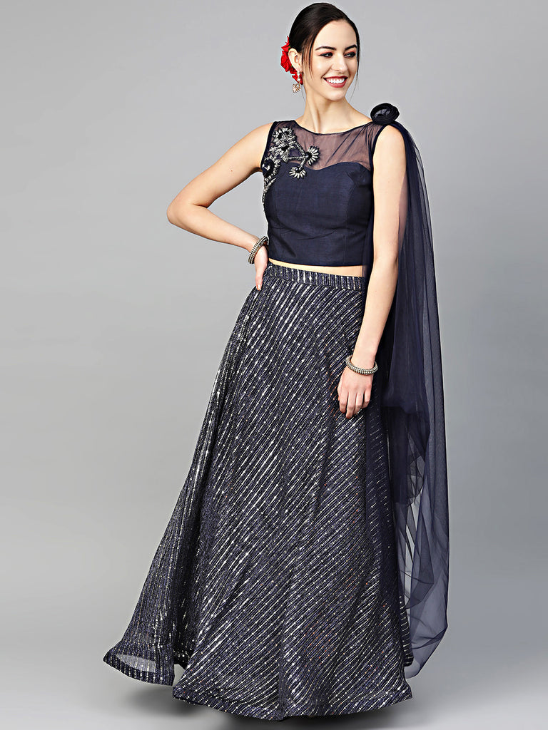 Mirror Work Crop Top Lehenga Choli with Attached Draped Dupatta - Main Image