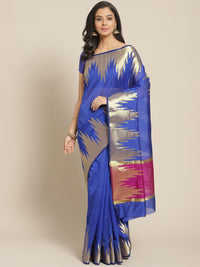Banarasi Handloom Royal Blue Saree with Gold Zari Temple Border & Contrast Bl