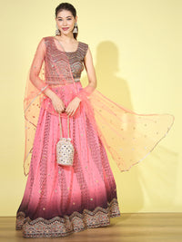Chhabra 555 Ombre Resham & Sequin Embroidered Georgette Pleated Lehenga Set with Chevron Print