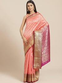 Banarasi Jamdani Embossed Handloom Saree with Paisley Weaving & Contrast Border, Pallu
