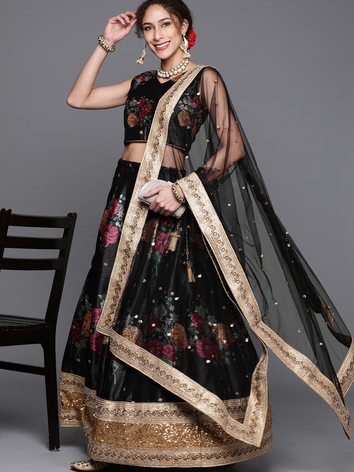 Made-To-Measure Chanderi Silk Digital Prints Floral Crop-Top Set & Sequence Embroidery