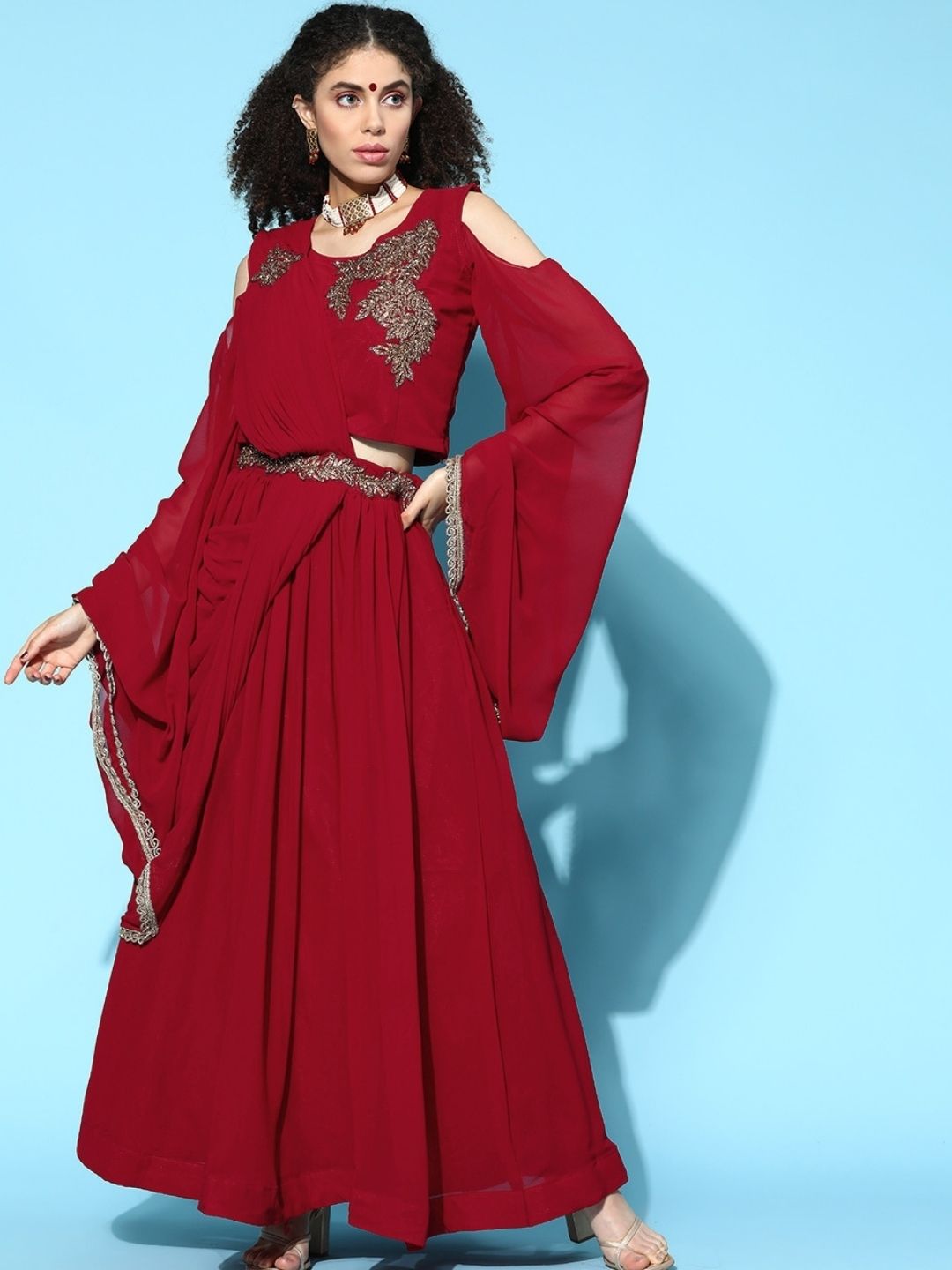 Made to Measure Red Gotta Patti & Crystal Embroidered Georgette Gown