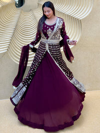 Chhabra 555 Burgundy Flared Gown With Zari Embroidered Embellished Long Jacket