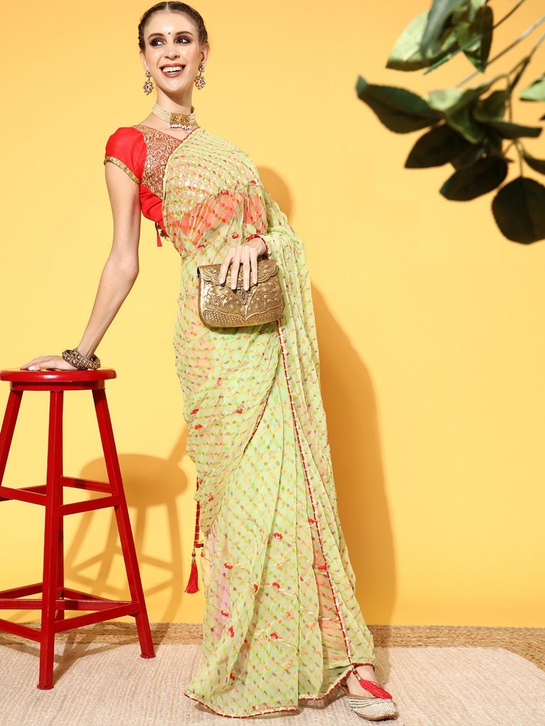 Chhabra 555 Jaipuri Traditional Leheriya Print Embroidered Georgette Saree With Gota Tassels