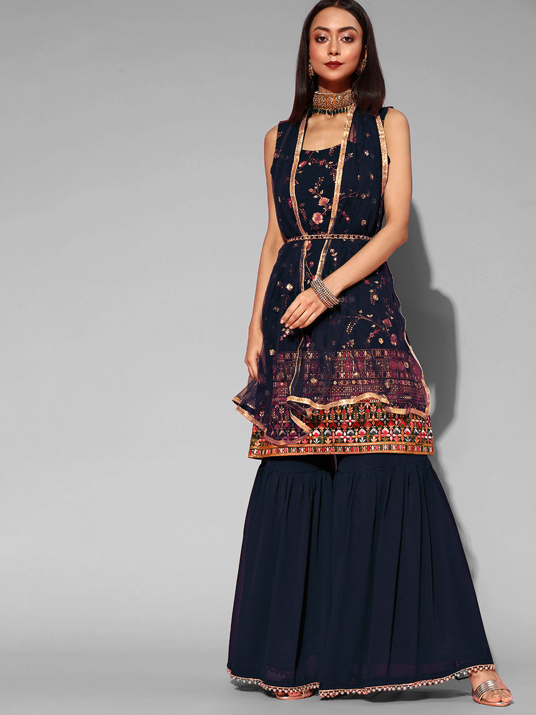 Chhabra 555 Made-to-Measure Multi Thread & Mirror Embroidery Sharara Suit Set & Sequence Dupatta