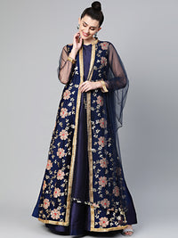 Chhabra 555 Made to Measure Three piece Jacket style Cocktail gown with Resham Zari And Sequin embroidery. Front Open Embroidered Long jacket. Solid Dyed Floor length Gown. Matching Dupatta
