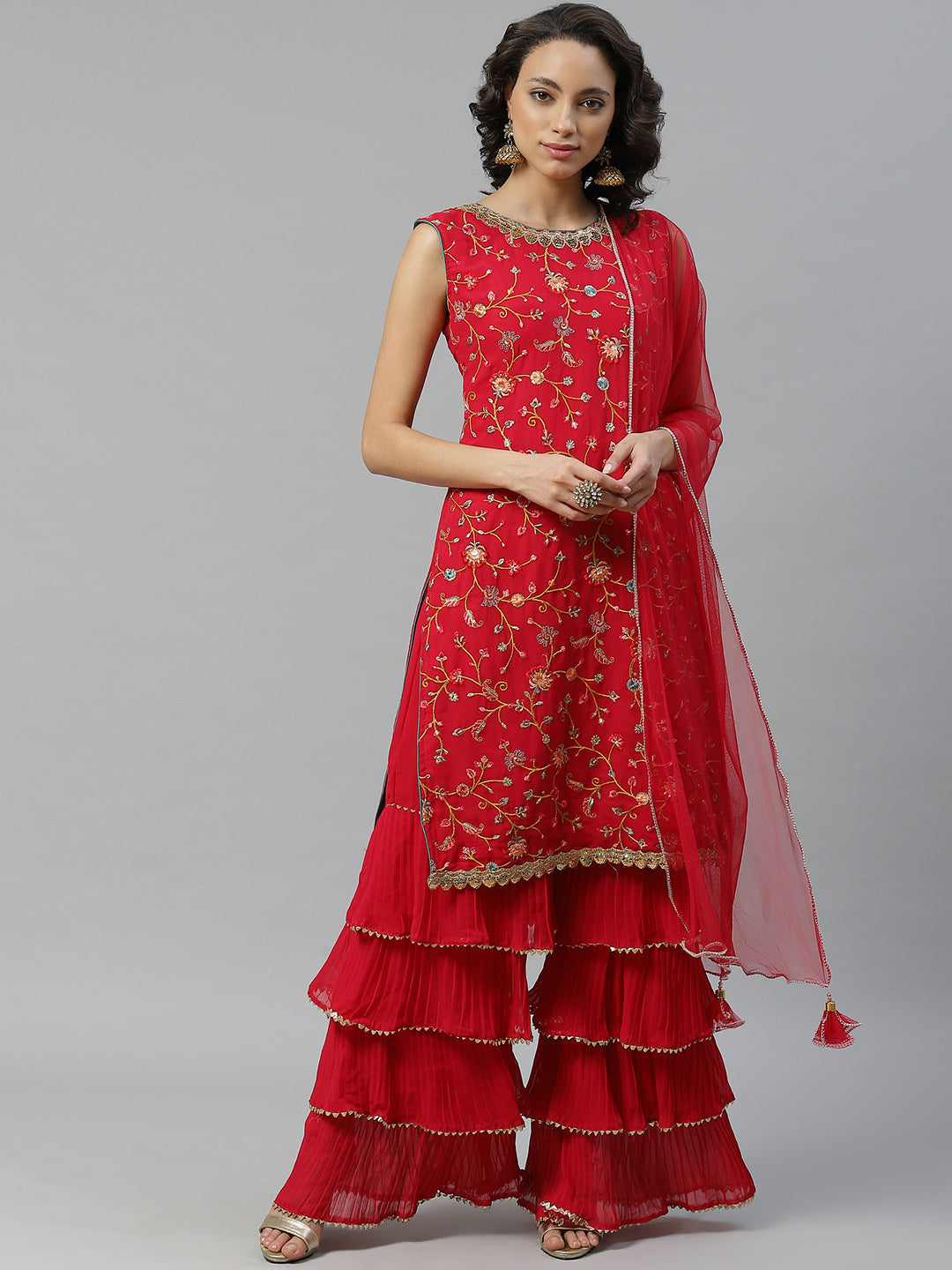 Magenta Thread & Gotta Patti Embroidery Kurta Sharara Set with Net Dupatta & Beads Tassels