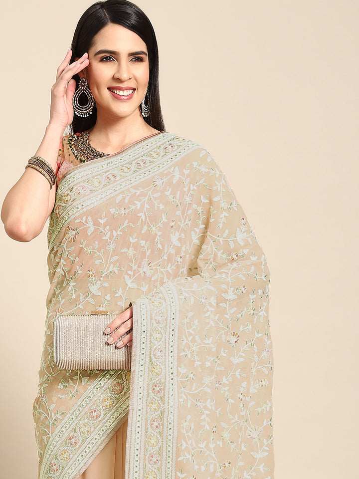 Chhabra 555 Pastel Beige Georgette Heavy Resham White Thread Floral Embroidered Ethnic Saree