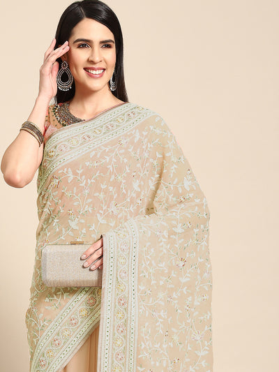 Chhabra 555 Pastel Beige Georgette Heavy Resham White Thread Floral Embroidered Ethnic Saree